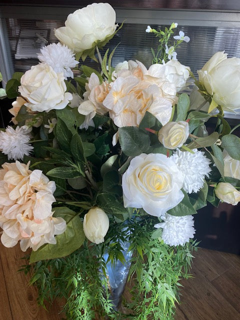 Cream and White Flower Arrangement with 12  Vase For Sale