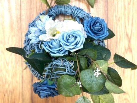 Dusty Blue and Green Accent flowers with blue basket Sml Online