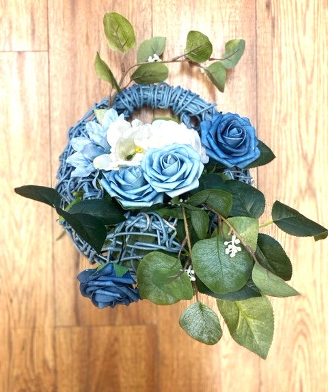 Dusty Blue and Green Accent flowers with blue basket Sml Online