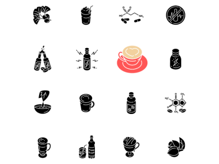 Energy drinks and caffeine black glyph icons set on white space Online now