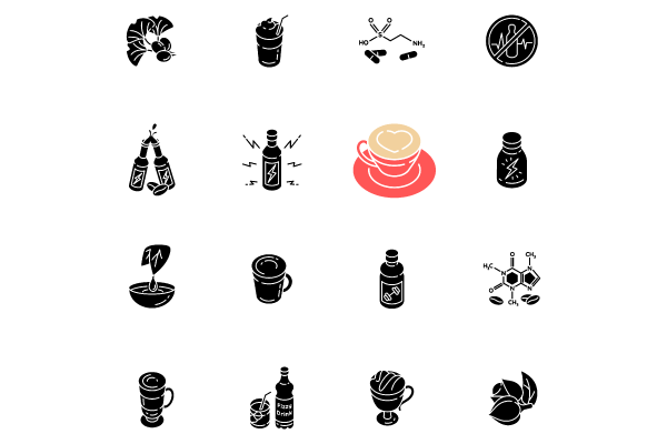 Energy drinks and caffeine black glyph icons set on white space Online now