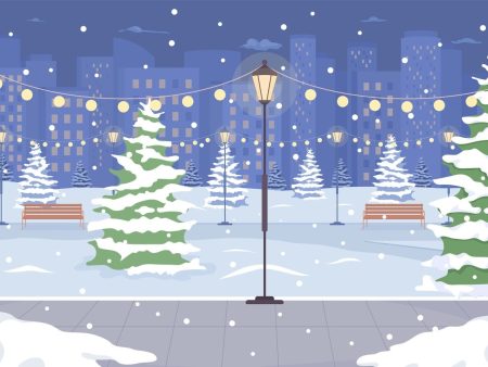 Night winter park with street light flat color vector illustration For Discount