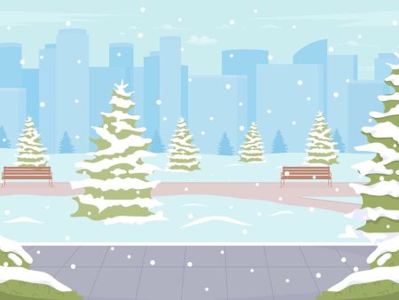 Winter park with evergreen trees flat color vector illustration For Cheap