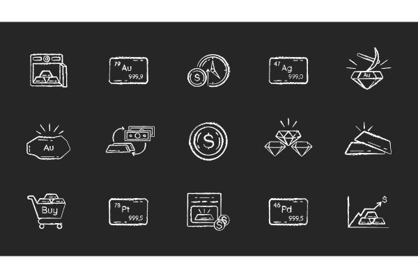 Precious metals and investment chalk white icons set Supply