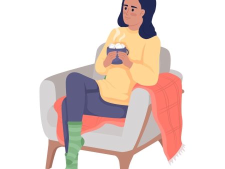 Happy girl sitting in armchair with hot cocoa semi flat color vector character on Sale