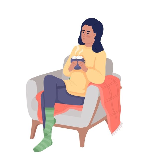 Happy girl sitting in armchair with hot cocoa semi flat color vector character on Sale