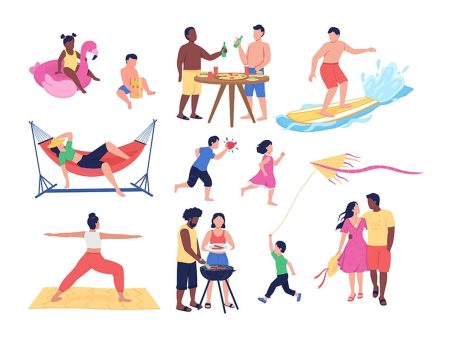 Summer activities semi flat color vector character set Discount