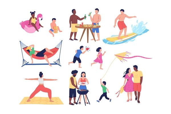 Summer activities semi flat color vector character set Discount