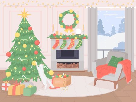 Cozy living room decorating for Chirstmas flat color vector illustration Online