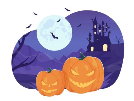 Halloween pumpkins with full moon 2D vector isolated illustration Discount