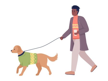 Stylish man with coffee walking dog on leash semi flat color vector characters Online