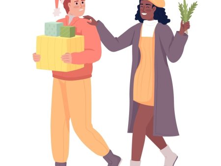 Couple gathering gifts for Christmas party semi flat color vector characters For Sale