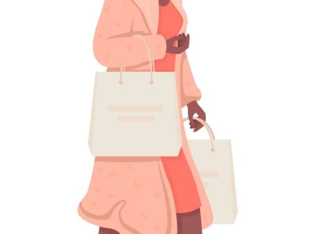 Fashionable lady in pink coat with purchases semi flat color vector character Cheap