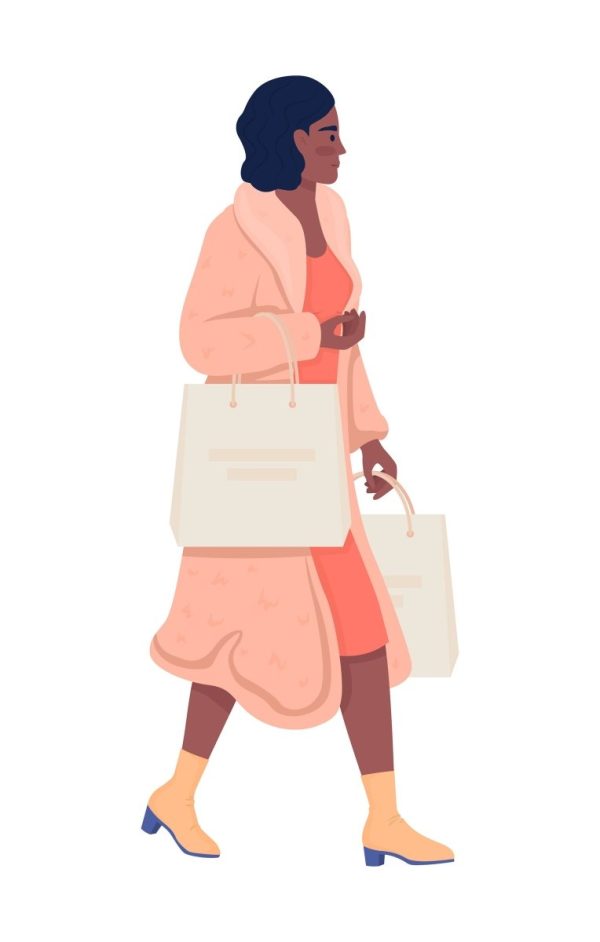 Fashionable lady in pink coat with purchases semi flat color vector character Cheap