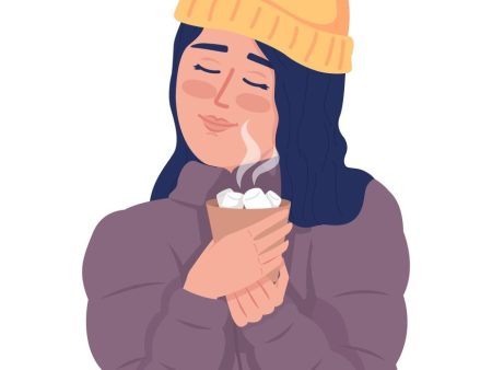 Girl in winter outfit enjoying hot chocolate outdoor semi flat color vector character Online Sale