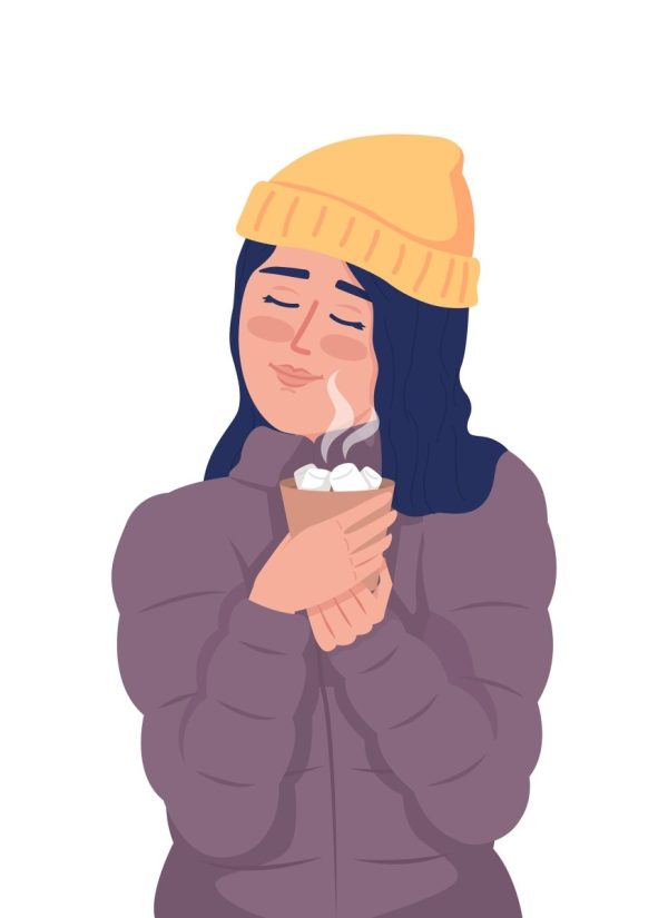 Girl in winter outfit enjoying hot chocolate outdoor semi flat color vector character Online Sale