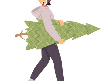 Adult man walking home with real Christmas tree semi flat color vector character Supply