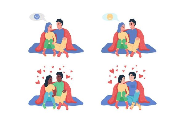 Couple under blanket semi flat color vector character set on Sale