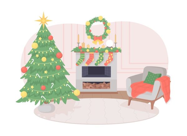 Christmas living room decor 2D vector isolated illustration Cheap