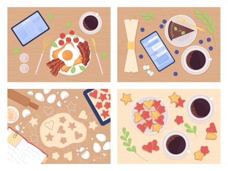 Eating and cooking flat color vector illustration set Fashion