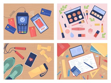 Tabletop with objects flat color vector illustration set Hot on Sale