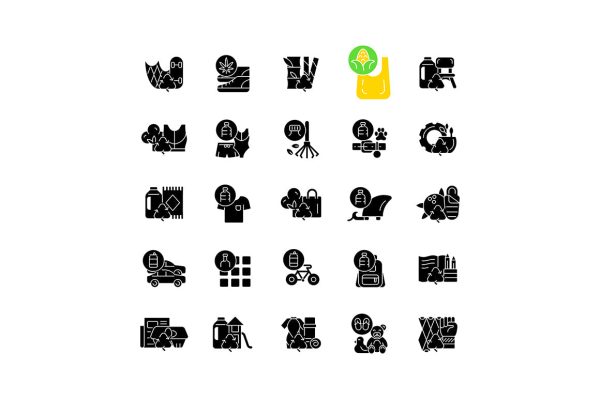 Recycled materials black glyph icons set on white space Cheap