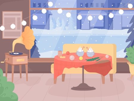 Coffee shop decorating for Christmas flat color vector illustration Online now