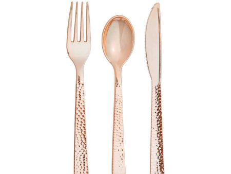 Rose Gold Hammered Plastic Cutlery Set for 8 Hot on Sale