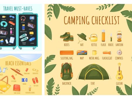 Camping checklist flat color vector informational infographic template set Supply