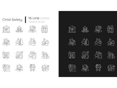 Child safety linear icons set for dark and light mode Online now