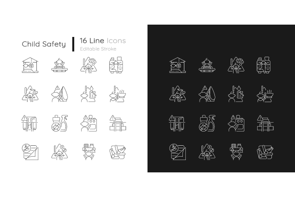 Child safety linear icons set for dark and light mode Online now