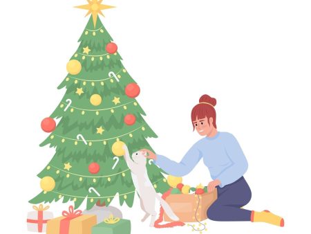 Girl keeping cat away from messing with Christmas tree semi flat color vector characters Discount