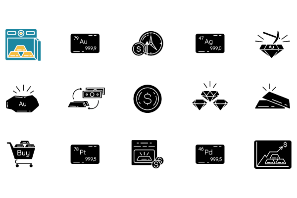 Precious metals and investment black glyph icons set Cheap