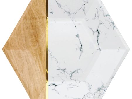 White Marble & Faux Wood Hexagon Lunch Plates 8ct Sale