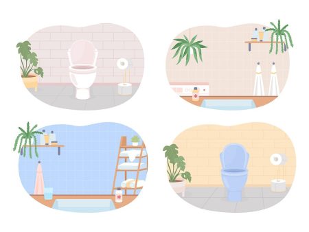 Bathrooms and water closets flat color vector illustrations set Hot on Sale