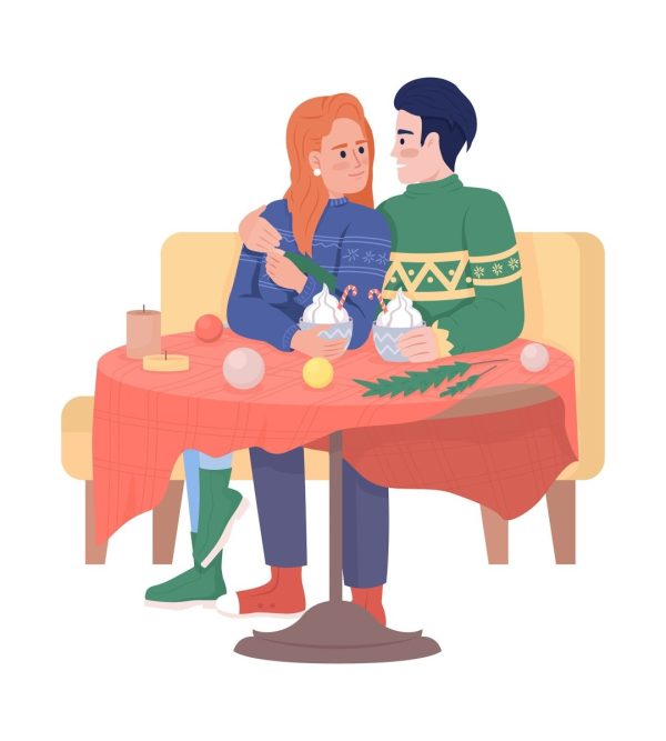 Christmas date with hot drinks for couple semi flat color vector characters Hot on Sale