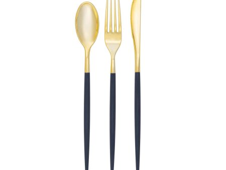 Navy & Gold Plastic Cutlery Set for 8 Discount