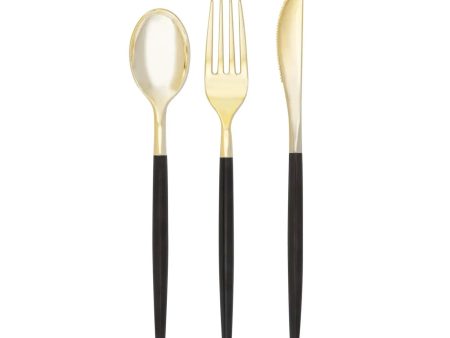 Black & Gold Plastic Cutlery Set for 8 Online