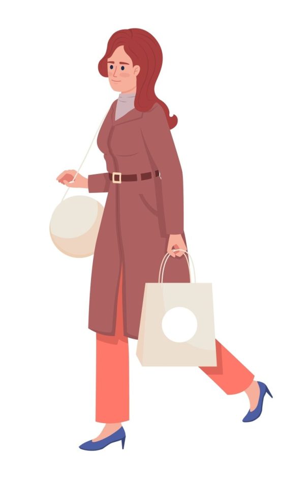 Confident adult woman wearing fashionable coat semi flat color vector character Sale