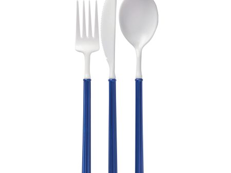 Navy & White Plastic Cutlery Set for 8 For Sale