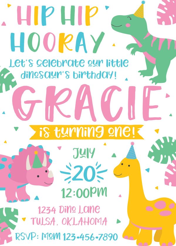 Girl Dinosaur Birthday Party Invitation For Cheap