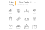 Takeaway food packages pixel perfect linear icons set Online now