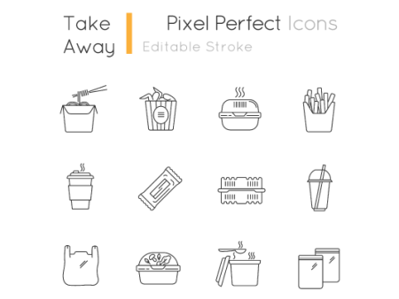 Takeaway food packages pixel perfect linear icons set Online now