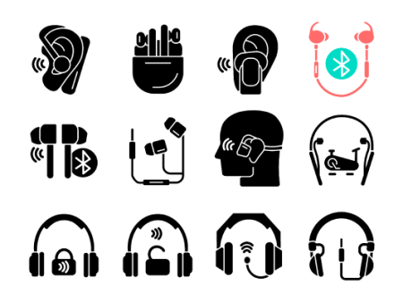 Different types of headphones black glyph icons set Online