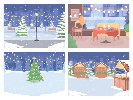 Winter outdoor scenes on Christmas eve flat color vector illustration set Online Sale