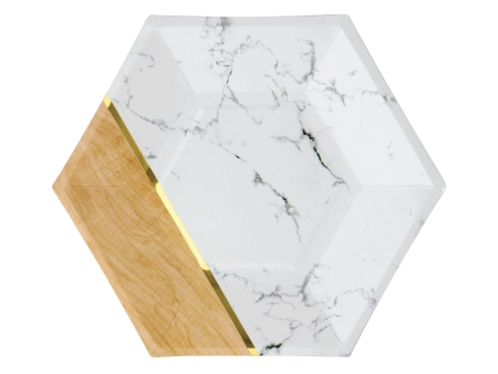 White Marble & Faux Wood Hexagon Dessert Plates 8ct For Sale