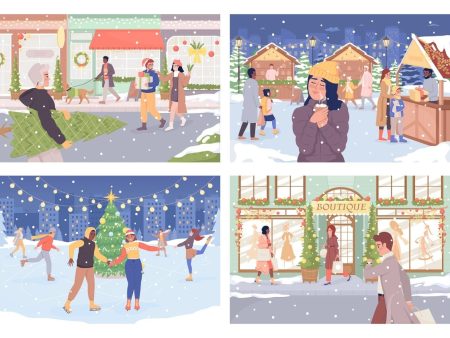 Winter outdoor recreation flat color vector illustration set Online now