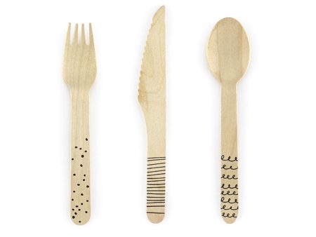 Black Doodles Wooden Cutlery Set for 6 Supply