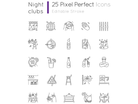 Night club pixel perfect linear icons set Fashion