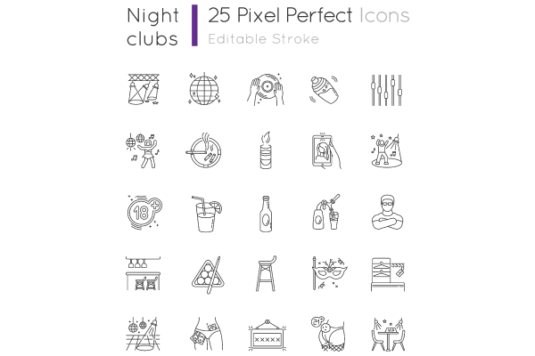 Night club pixel perfect linear icons set Fashion